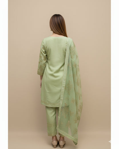 Elegant Embroidered Cotton 3-Piece Suit with Chiffon Dupatta