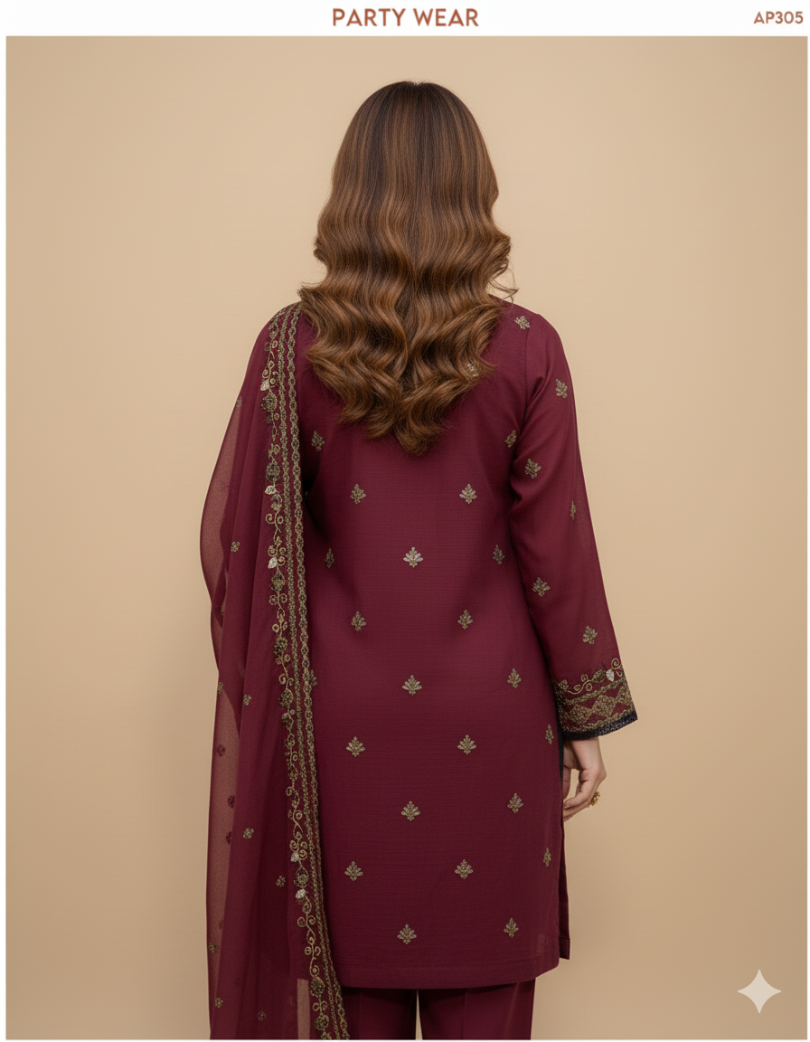 Elegant Embroidered Cotton 3-Piece Suit with Chiffon Dupatta